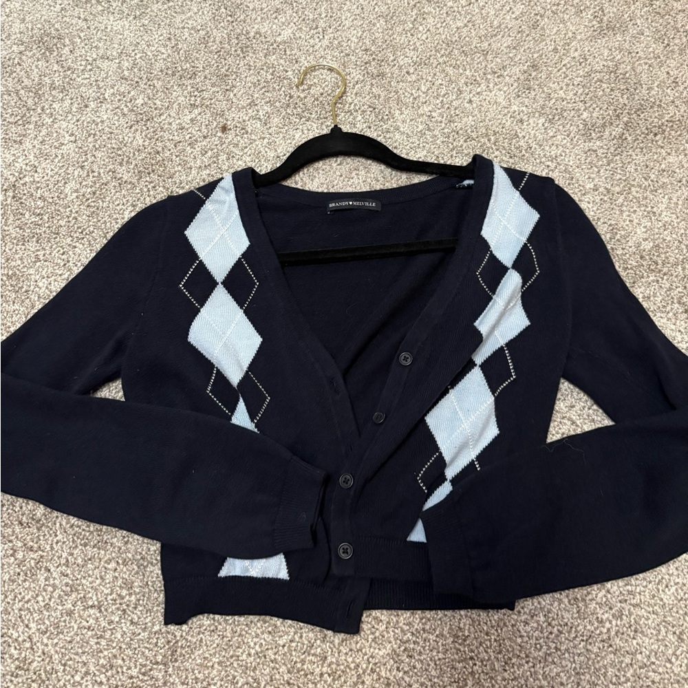 Brandy Melville Navy and Light Blue Argyle Cardigan